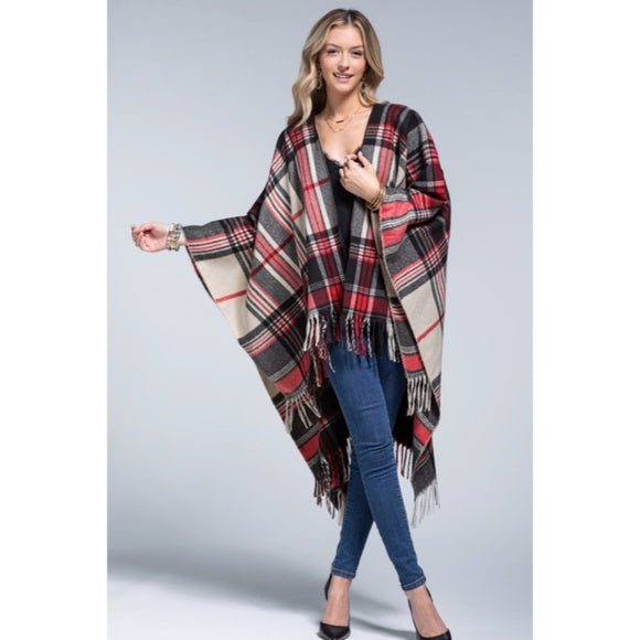 Scarlet Red Holiday Plaid Fringe Accent Knit Fall Winter Ruana Wrap Open Poncho