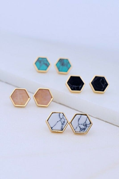 Pink & Gold Hexagon Natural Look Stone Stud Boho Earrings