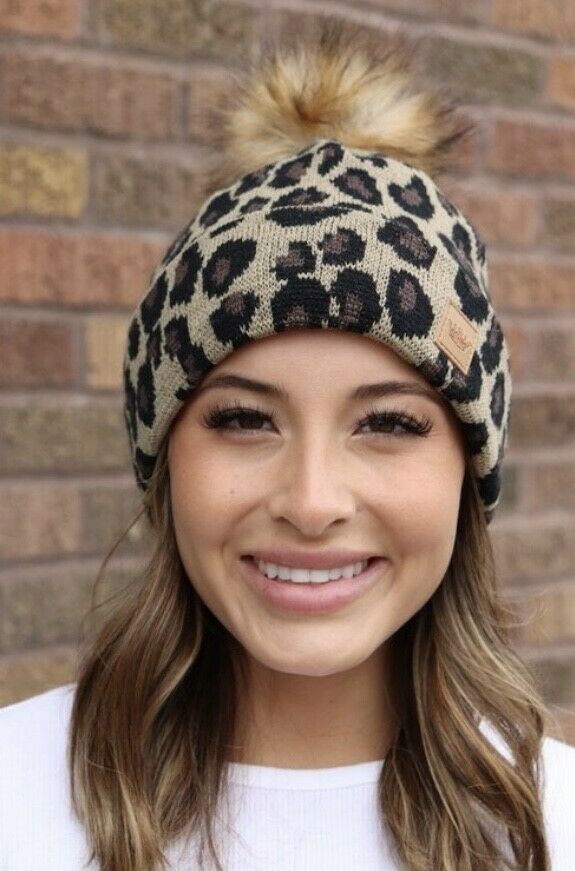 Leopard Animal Print Knit Pompom Winter Beanie Womens One Size