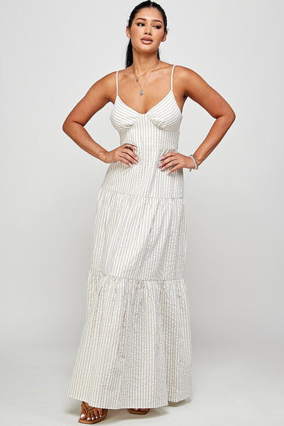 White & Beige Stripe Cross Backless Strap Ruffle Maxi Dress