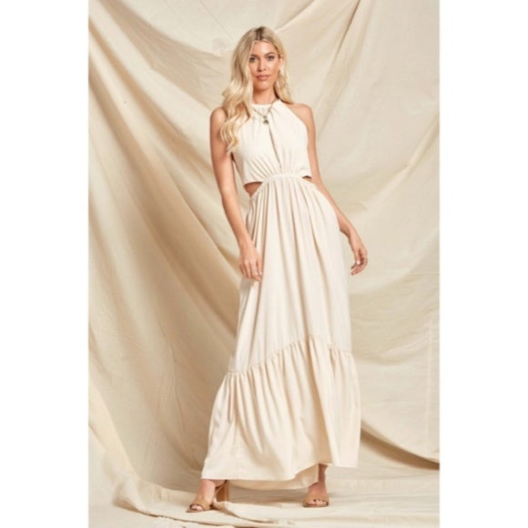 Bohemian Cream Solid Cut Out Waist Full Long Length Maxi Dress Women's