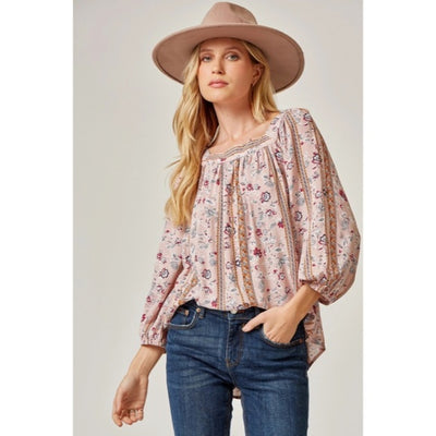 Mauve Bohemian Floral Print Peasant Long Sleeve Tie Back Square Neck Blouse