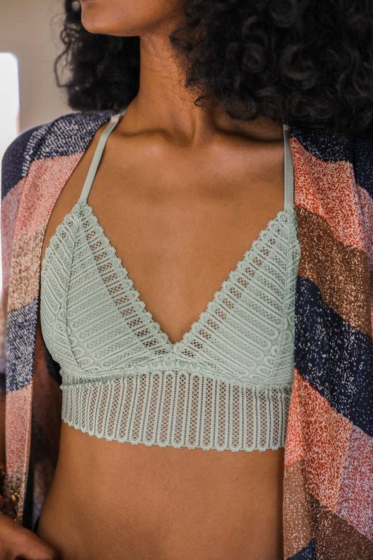 Sage Ribbed Lace Boho Racerback Triangle Bralette Womens