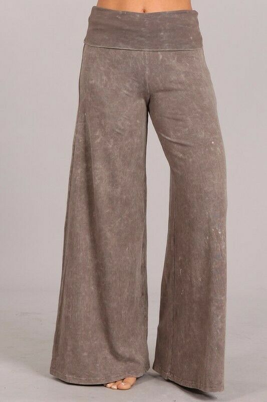 Taupe Mineral Wash Wide Led Foldover Over Waistband Casual Boho Womens Pants