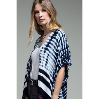 Indigo Tie Dye Jacquard Ethnic Boho Bohemian Motif Open Kimono Wrap Coverup