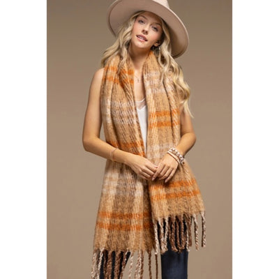 Toffee Plaid Soft Plush Oblong Scarf w/ Tassel Fringe Women's Casual Winter