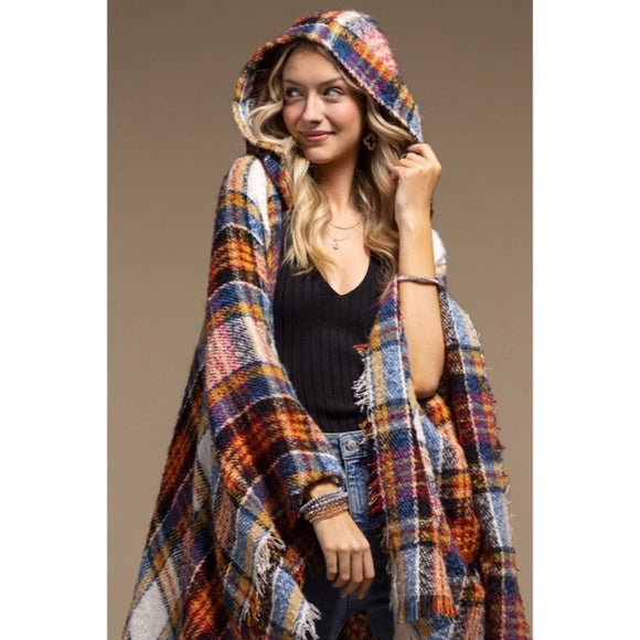 Vin Chaud Knit Plaid Hooded Hoodie Open Fringe Ruana Wrap Fall Winter Casual