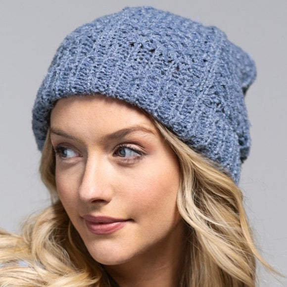 Blue Soft Knit Pompom Winter Beanie Hat Women's Casual Gift