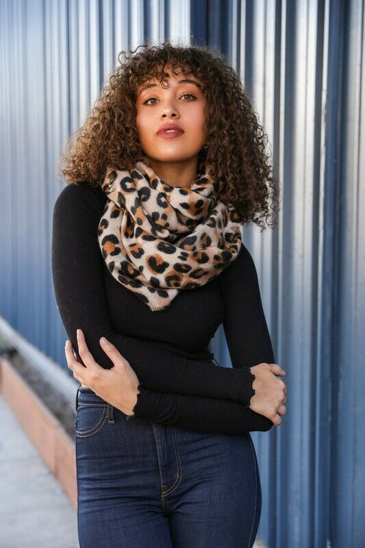 Basic Leopard Animal Print Frayed Hem Knit Infinity Scarf Womens