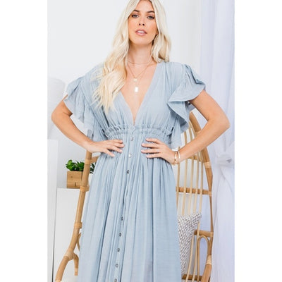 Misty Blue Gauze Boho Button Short Slv Deep V Woven Gathered Maxi Coverup Dress