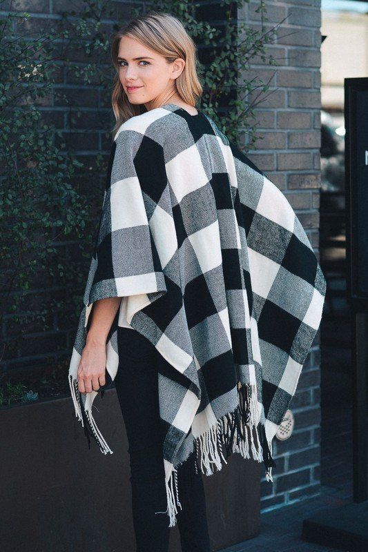 Black Ivory Buffalo Plaid Check Checkered Poncho Ruana Fringe Wrap - One Size