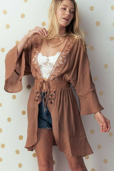 Mocha Boho Crochet Detail Ruffle Bell Sleeve Cardigan Wrap Womens Casual