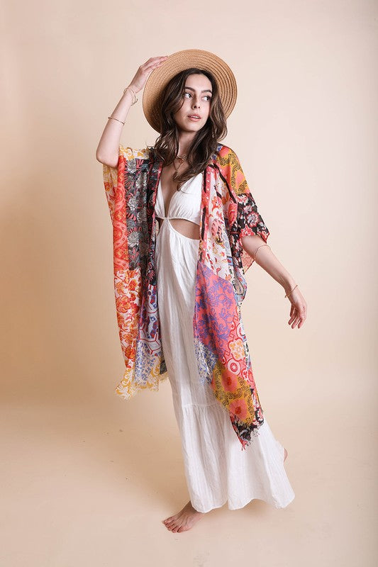 Sky Blue Boho Patchwork Floral Bohemian Kimono Wrap Coverup Open Top Casual Spring