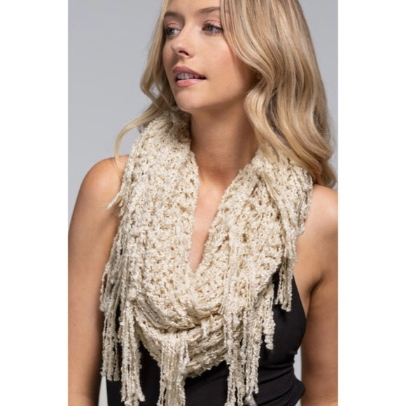 Ivory Net Boucle Yarn Fringe Infinity Winter Fall Casual Women's Scarf