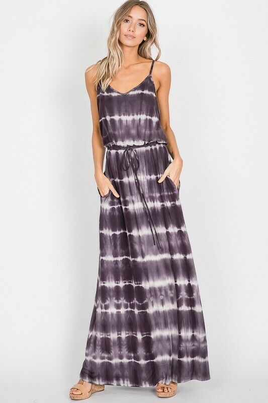 Charcoal Tie Dye Cami Casual Maxi Dress Full Length Long Womens