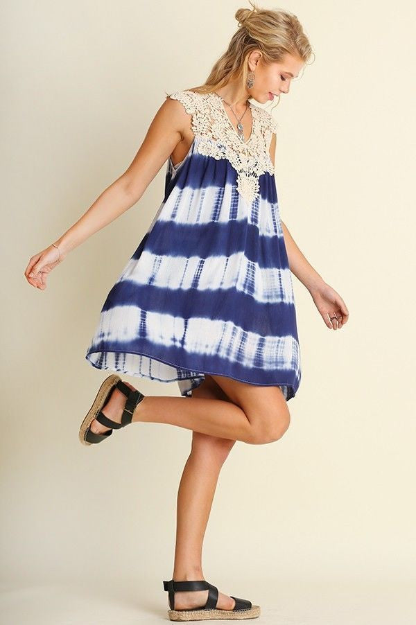 Umgee Boho Dress Bohemian Blue Tie Dye Crochet Sleeveless Casual Striped