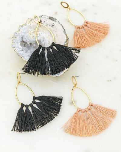 Pink Teardrop Hammered Gold Hoop Tassel Earrings