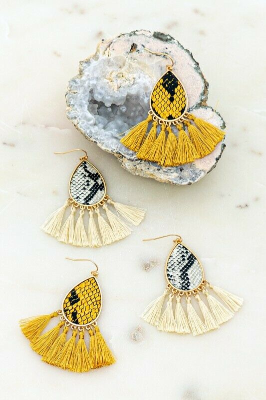 Gold Cream Snake Print Teardrop Casting Tassel Earrings