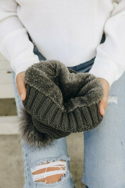 Olive Pom Faux Sherpa Lined Knit Beanie Winter Womens Hat