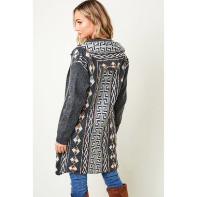 Charcoal Gray Native Cowichan Aztec Western Boho Hooded Cardigan Sweater Womens