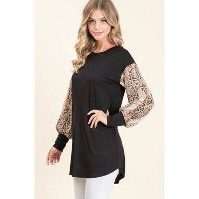 Black Snakeskin Print Relaxed Long Sleeve Top Casual Womens