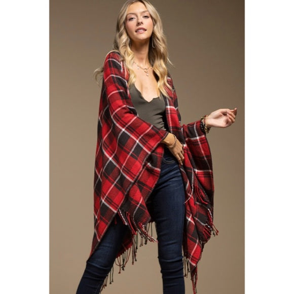 Red Black Plaid Blanket Ruana Knit Fall Winter Fringe Open Poncho Wrap