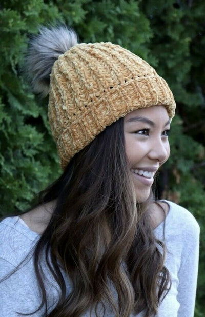 Golden Mustard Chenille Knit Fur Pompom Winter Beanie Womens