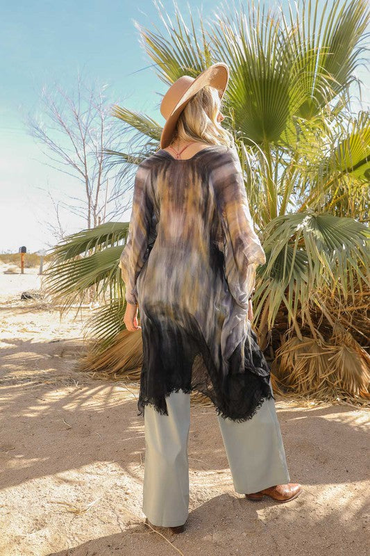 Black Ombre Tie Dye Bohemian Summer Kimono Coverup Wrap Open Top One Size