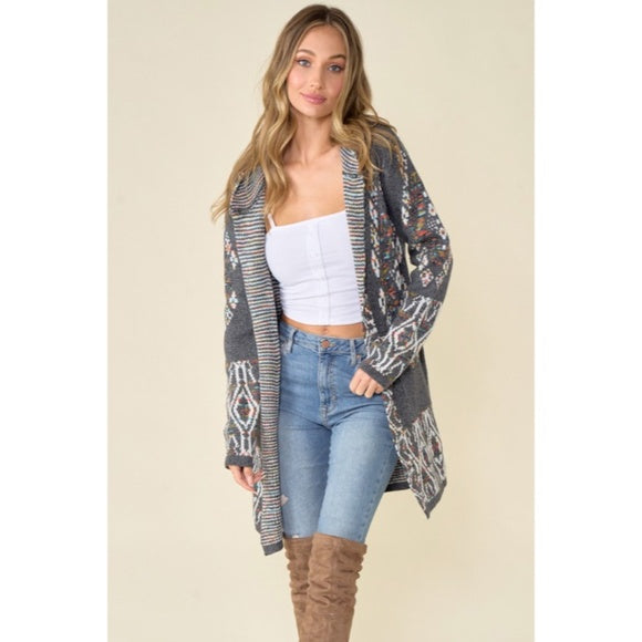 Gray Aztec Rainbow Western Hooded Knit Cardigan Long Sleeve Open Sweater