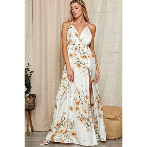 White Floral Print Halter Open Back Maxi Full Long Length Dress Gown W/ Slit