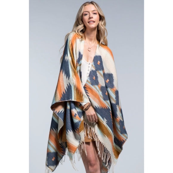 Mojave Western Ethnic Oversized Knit Ruana Fringe Wrap Open Poncho Fall Casual