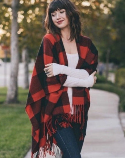 Black Red Buffalo Plaid Check Checkered Poncho Fringe Wrap - One Size