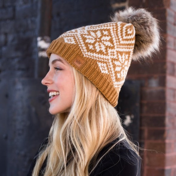 Camel Snowflake Fleece Lined Knit Pompom Beanie Winter Womens Hat