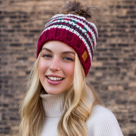 Multi Colored Holiday Beige Red Green Knit Faux Fur Pompom Beanie Winter Hat