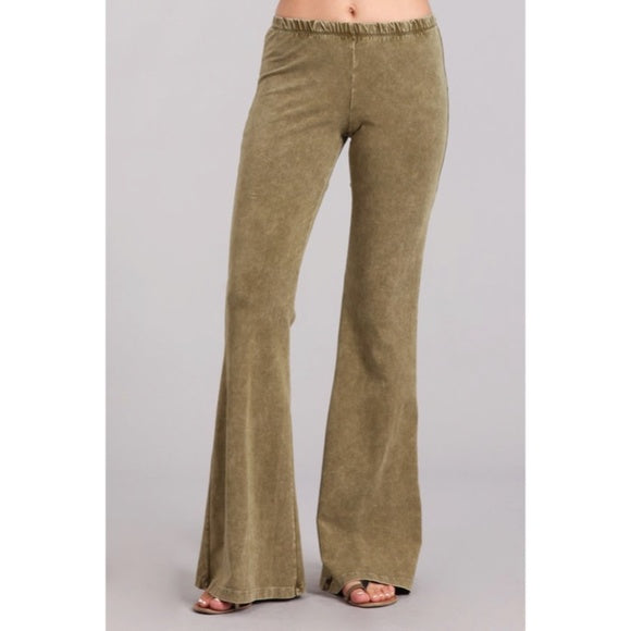 Light Olive Boho Mineral Wash Flared Bell Bottom Stretch Pull On Pants Womens