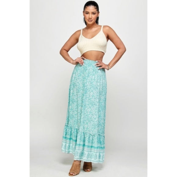 Green Tea Floral Gypsy Boho Bohemian Border Full Length Ruffle Casual Maxi Skirt