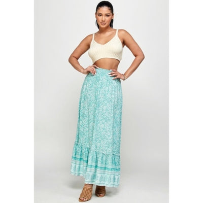 Green Tea Floral Gypsy Boho Bohemian Border Full Length Ruffle Casual Maxi Skirt