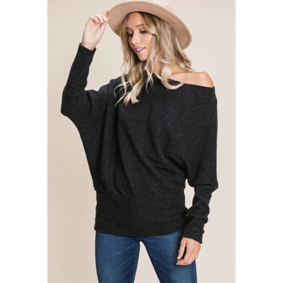 Black Solid Ribbed Off Shoulder Dolman Sweater Knit Casual Womens