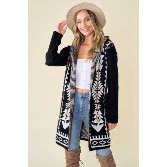 Black Aztec Rainbow Western Hooded Knit Cardigan Long Sleeve Open Sweater