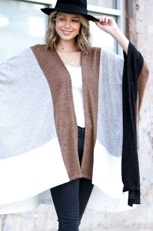 Gray Camel Color Block Asymmetrical Dolman Poncho Ruana Cardigan Casual Womens