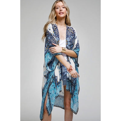 San Jose Blue Intricate Mandala Floral Bohemian Open Kimono Wrap Coverup