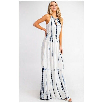 Boho White & Blue Tie Dye Summer Long Maxi Dress Casual Womens