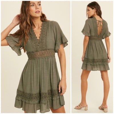 Dainty Olive Green Bohemian Crochet Lace Trim Ruffle Short Sleeve Mini Dress