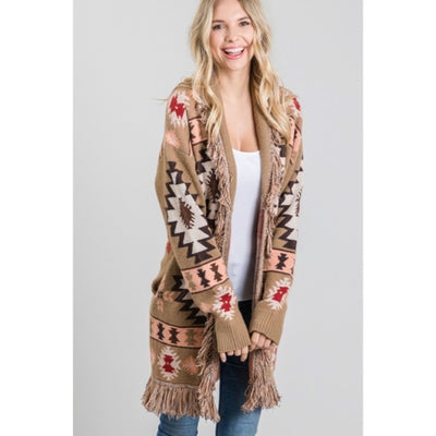 Taupe Western Native Tribal Aztec Boho Fringe Knit Open Cardigan Sweater