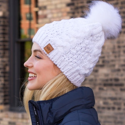 White Cable Knit Faux Fur Pompom Beanie Fleece Lined Women's Winter Hat