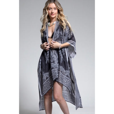 Earl Gray Bohemian Damask Paisley Printed Open Kimono Coverup Wrap