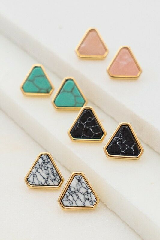 White Gold Rimmed Triangle Natural Stone Stud Earrings