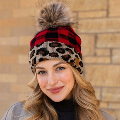 Leopard Red Buffalo Check Faux Fur Pom Beanie