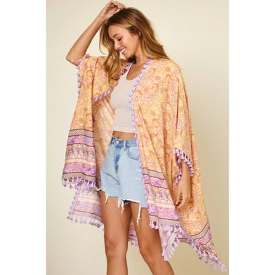 Lavender Paisley Printed Kimono Wrap Bohemian Cardigan w/ Tassels Fringe Womens