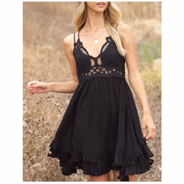 Black Boho Scallop Lace Bralette Crochet Slip Ruffle Trim Dress Womens